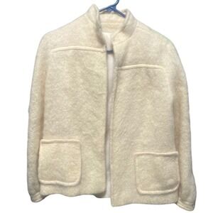 Vintage Ivory Mohair Blend Jacket Collarless Open Front Pockets Cozy Soft